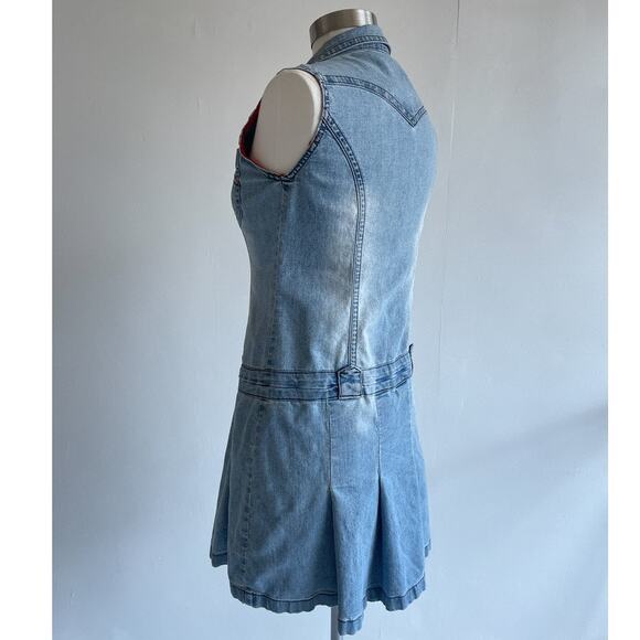 Vtg Y2K Denim Button Up Pleated Mini Dress QZYZ Sleeveless Size L - Picture 3 of 9